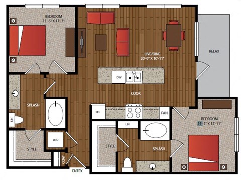 Floor plan for 2 beds, 2 baths, 1082 sqft